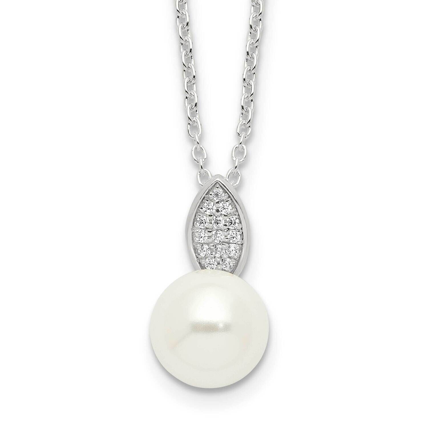 CZ Simulated Pearl Necklace Sterling Silver Polished QG6642-18, MPN: QG6642-18,