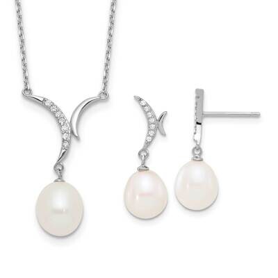 Rh-Plated 7-9mm Fwc Pearl CZ Necklace Post Earrings Set Sterling Silver QH5817SET, MPN: QH5817SET,