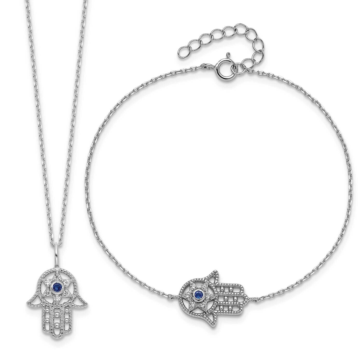 Rh-Plate Cr.Blue Spinel CZ Hamsa Bracelet Necklace Set Sterling Silver QG6593SET, MPN: QG6593SET,