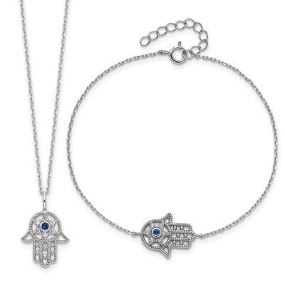 Rh-Plate Cr.Blue Spinel CZ Hamsa Bracelet Necklace Set Sterling Silver QG6593SET, MPN: QG6593SET,