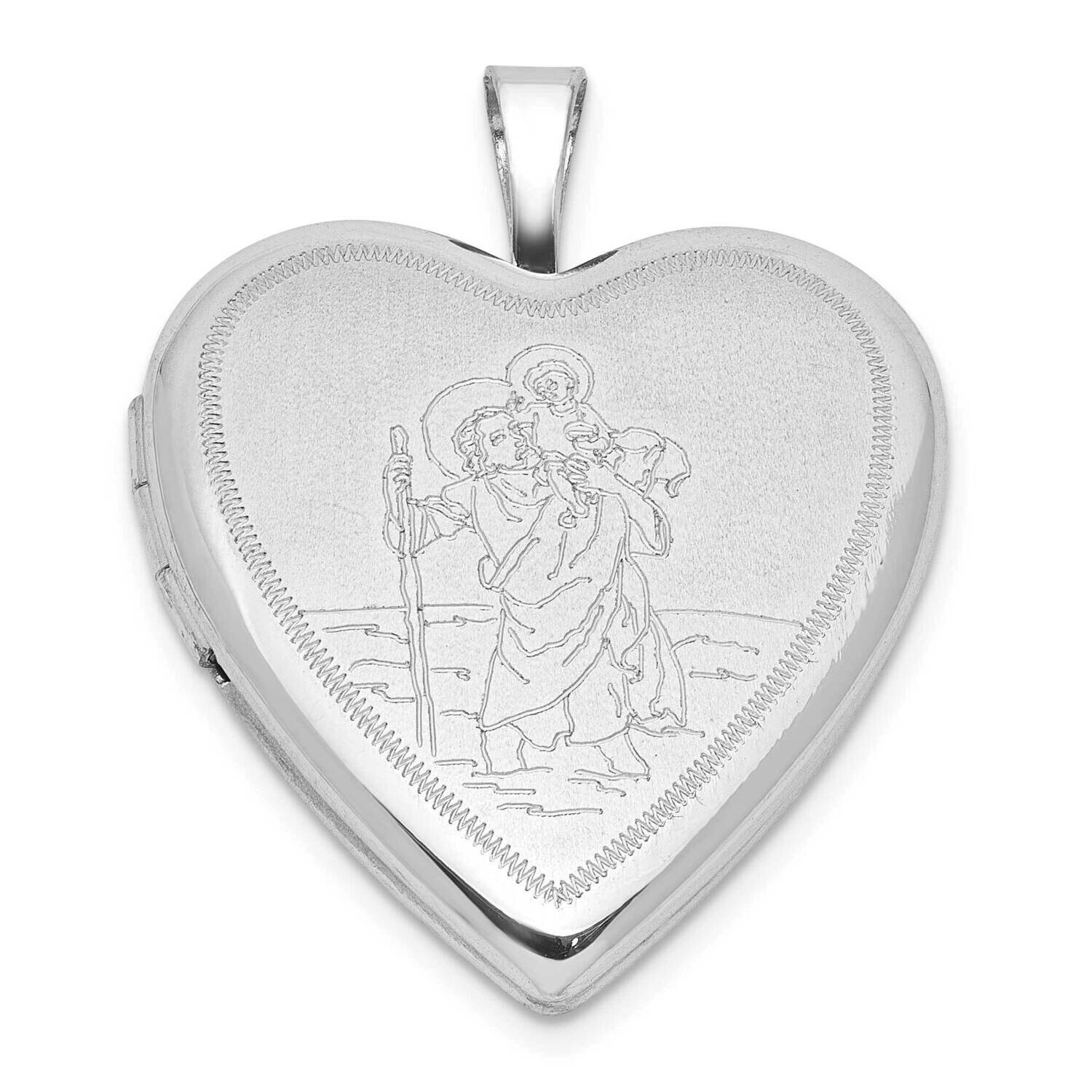 Rh-Plate Satin Polished St. Christopher 20mm Heart Locket Sterling Silver QLS1127, MPN: QLS1127,