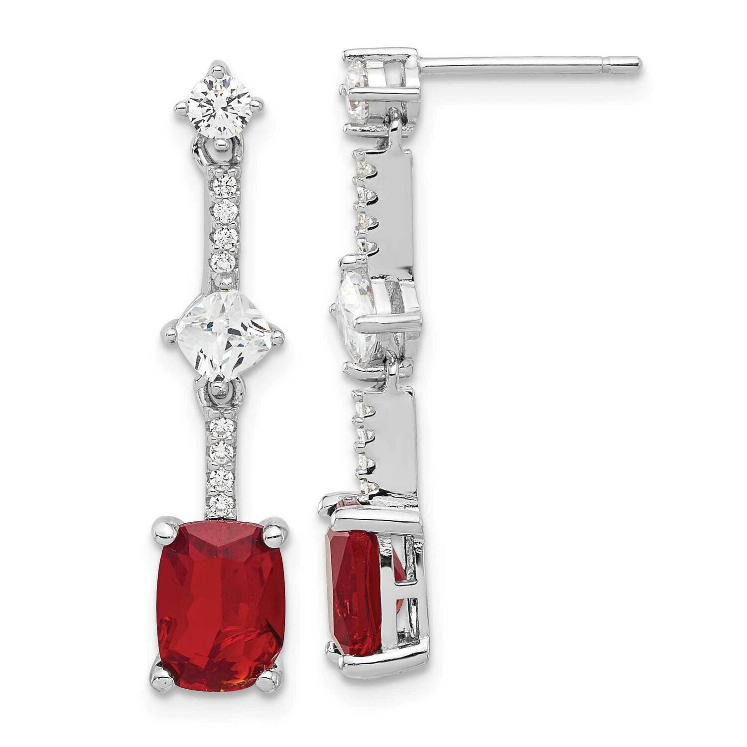 Rhod-Plated Fancy Red & White CZ Post Dangle Earrings Sterling Silver QE17154
