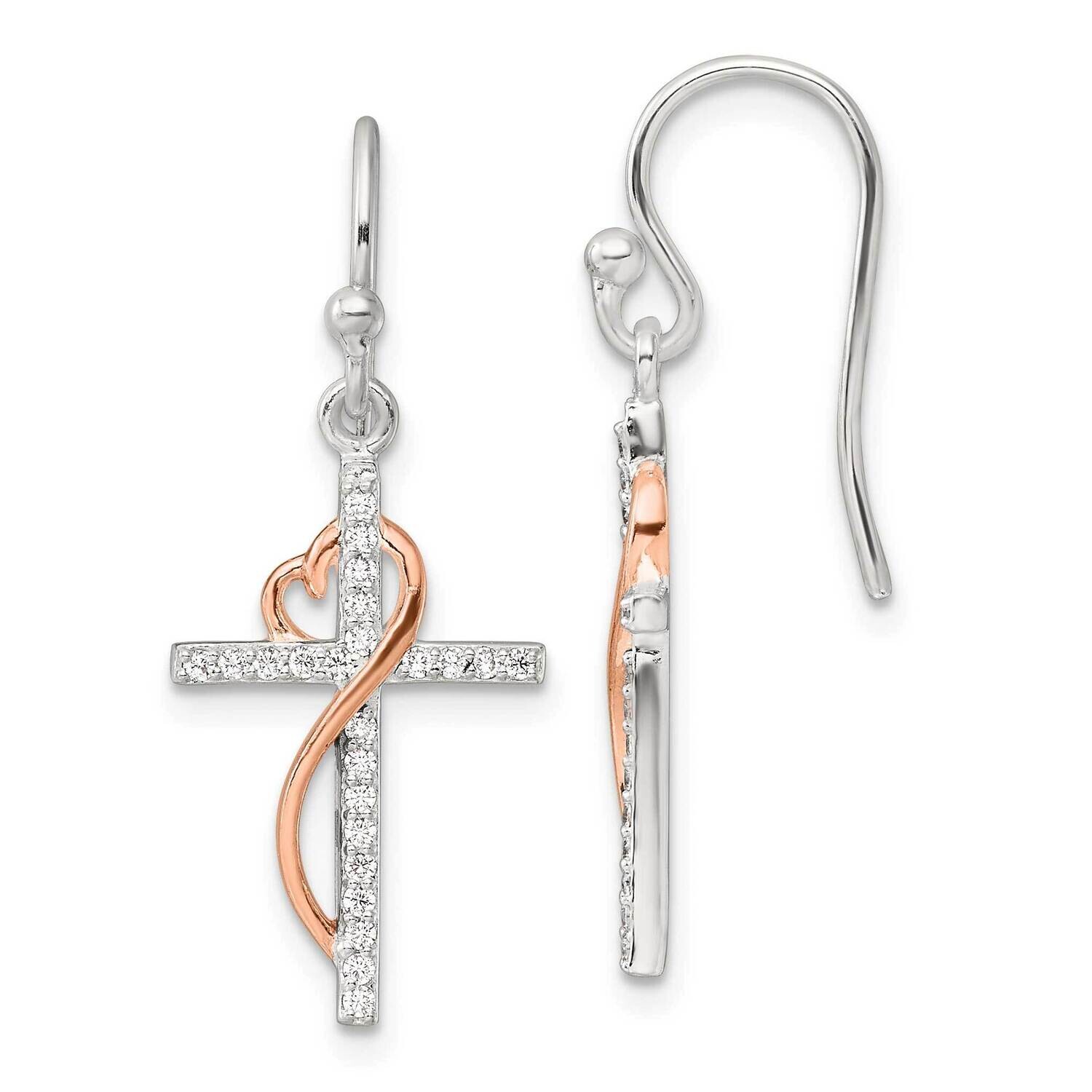 & Rose-Tone Polished CZ Heart Cross Dangle Earrings Sterling Silver QE17697