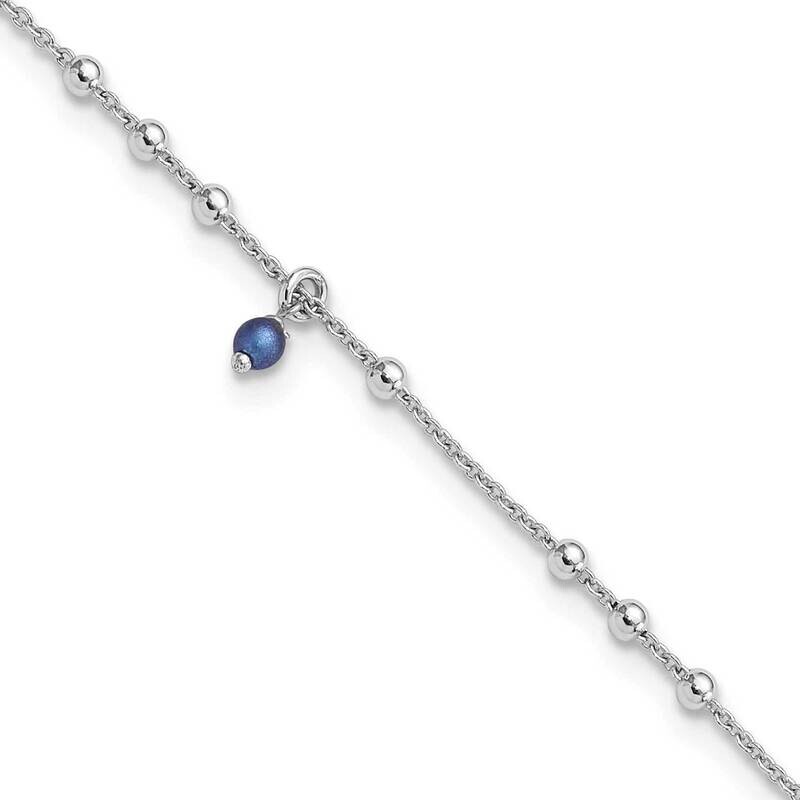 Blue Crystal Bead 9 Inch Plus 1 Inch Extension Anklet Sterling Silver Rhodium-Plated QG6329-9