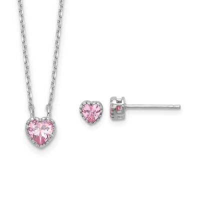 Polished Pink CZ Heart Children&#39;s 13 Inch 2 Inch Extender Necklace &amp; Stud Earring Set Sterling Silv…