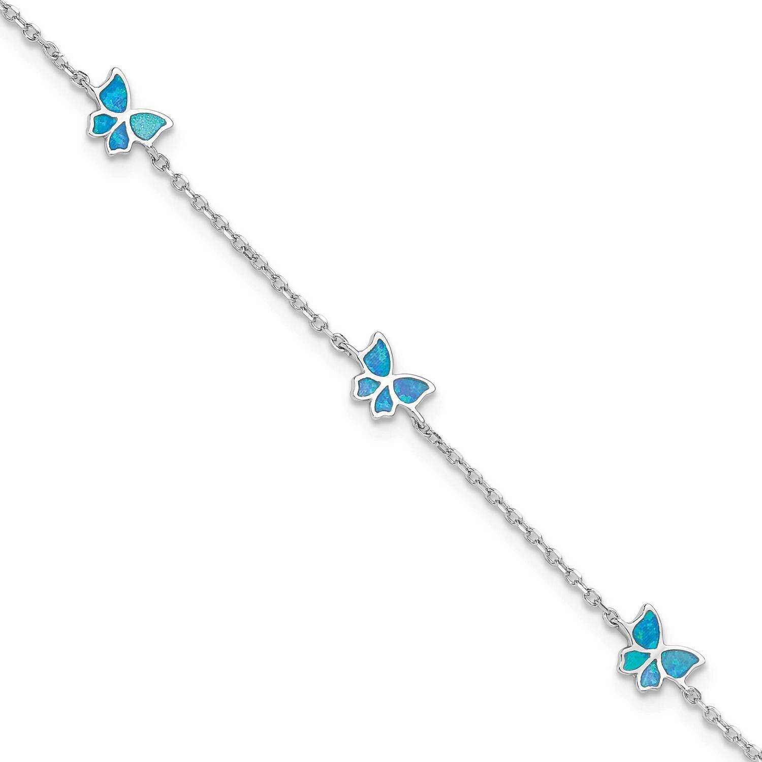 Rh-Plated Blue Cr. Opal Butterflies 9 Inch Plus .5 Inch Extension Anklet Sterling Silver QG6306-9