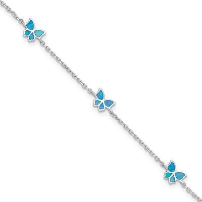 Rh-Plated Blue Cr. Opal Butterflies 9 Inch Plus .5 Inch Extension Anklet  Sterling Silver QG6306-9,…