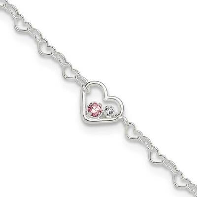CZ Heart Link 9 Inch Plus 1 Inch Extender Anklet Sterling Silver Polished QG6292-9, MPN: QG6292-9,