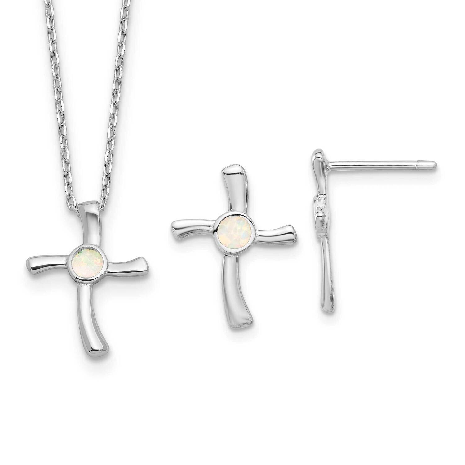 Rh-Plated Cr.Opal Cross Earrings/16 Inch Necklace 2 Inch Extension Se Sterling Silver QG6715SET
