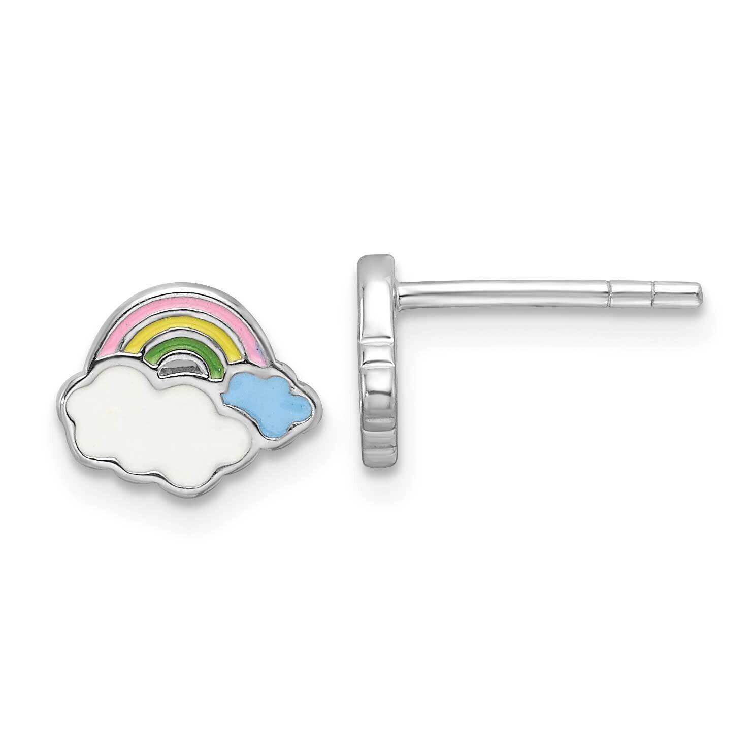 Multicolor Enameled Rainbow & Clouds Children's Post Earrings Sterling Silver Rhodium-Plated QE17726