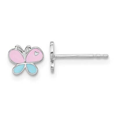 Rh-Pltd Blue Pink Enamel Butterfly Children&#39;s Post Earrings Sterling Silver QE17719, MPN: QE17719,