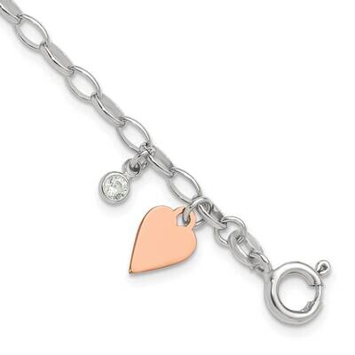 Rose Gold-Plated Polished Heart CZ Link Bracelet 7 Inch Sterling Silver QG6348-7, MPN: QG6348-7,