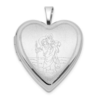 Rh-Plate Polished Satin St. Christopher 20mm Heart Locket Sterling Silver QLS1126, MPN: QLS1126,