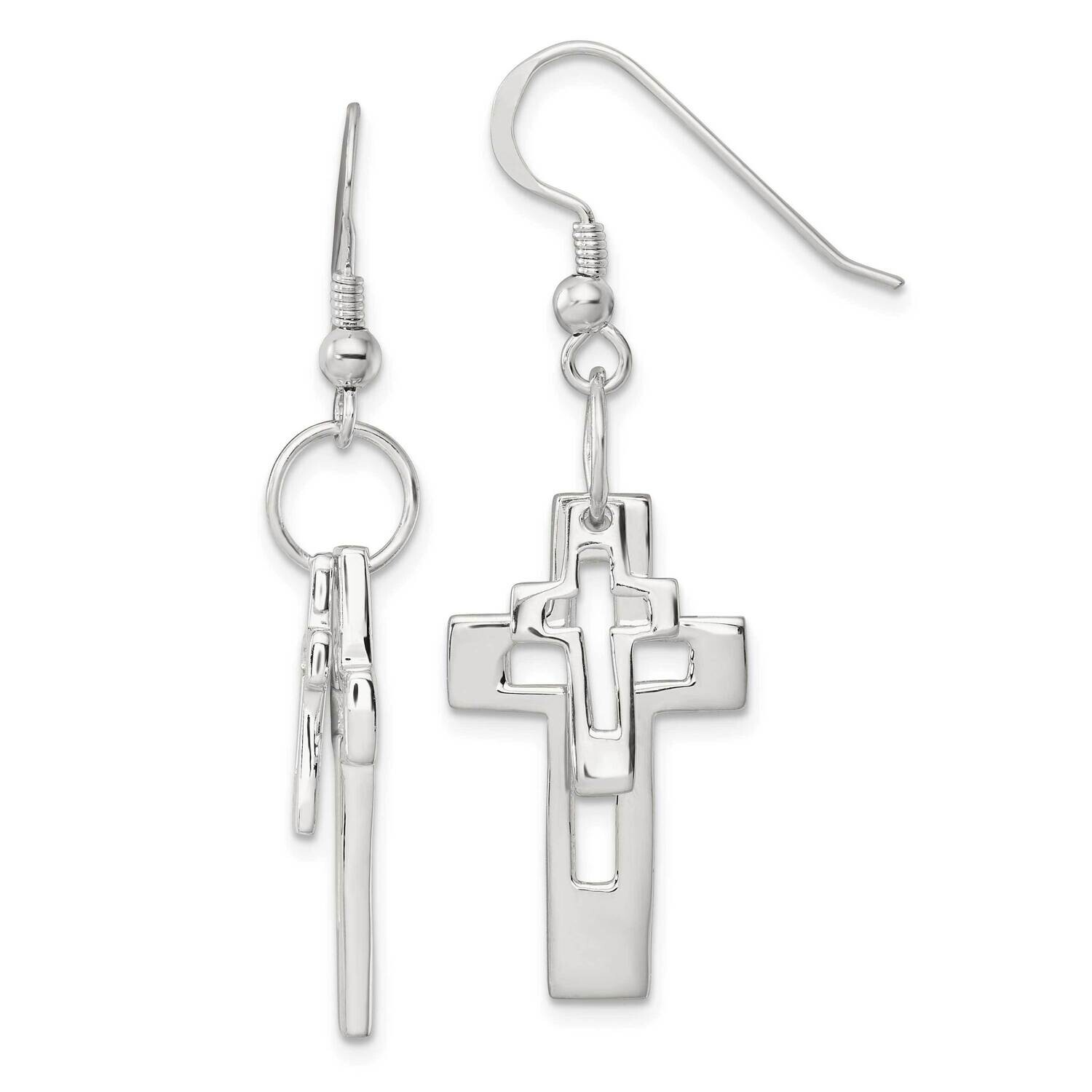 Double Open Cross Shepherd Hook Earrings Sterling Silver Polished QG6567