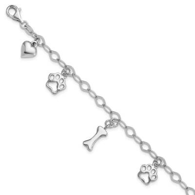 Dog Bone Paw Heart Charm 7.5 Inch Bracelet Sterling Silver Rhodium-Plated QG6346-7.5, MPN: QG6346-7…
