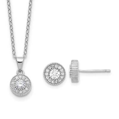 Rh-Plated CZ Post Earrings 16 Inch Necklace 2 Inch Extension Set Sterling Silver QG6724SET, MPN: QG…