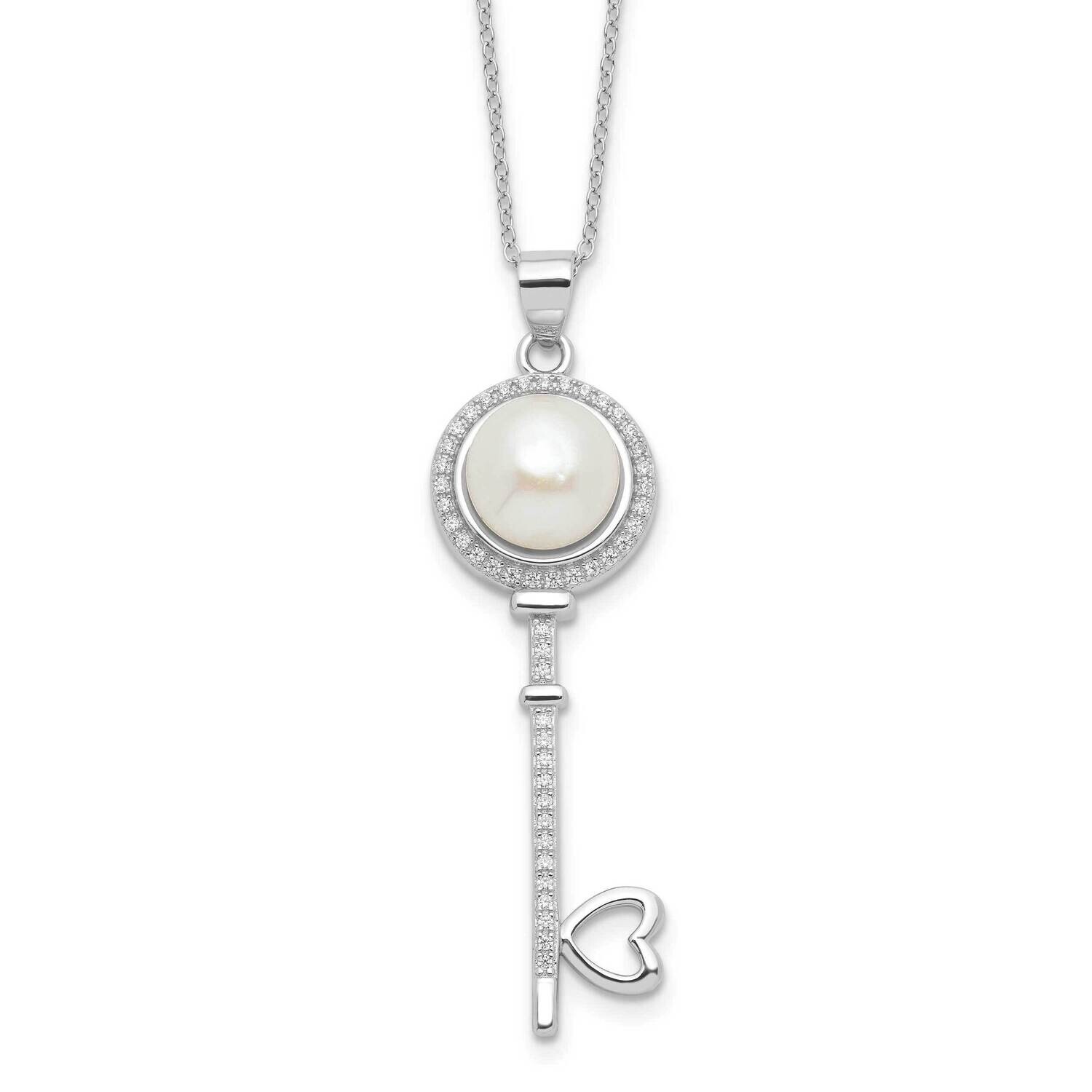 Rhod-Plated Pearl CZ Key Heart 2 Inch Extension Necklace Sterling Silver QH5790-18, MPN: QH5790-18,