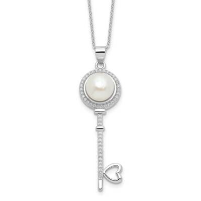 Rhod-Plated Pearl CZ Key Heart 2 Inch Extension Necklace Sterling Silver QH5790-18, MPN: QH5790-18,