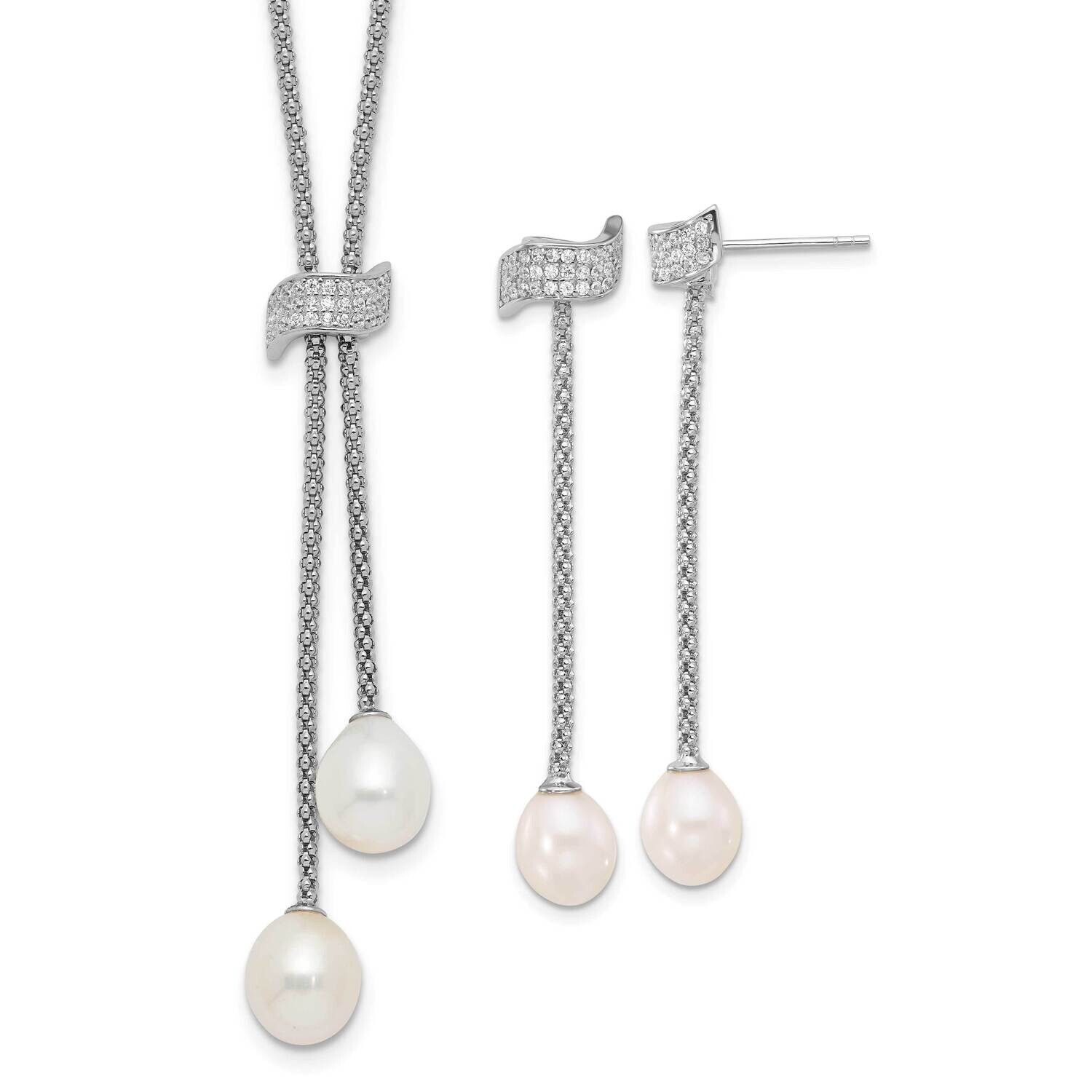 Rh-Plated Fwc Pearl CZ 2 Inch Extension Necklace Earrings Set Sterling Silver QH5820SET, MPN: QH582…