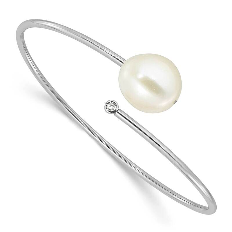 Rh-Plated 13-14mm Fwc Pearl CZ Flexible Bangle Sterling Silver QH5764