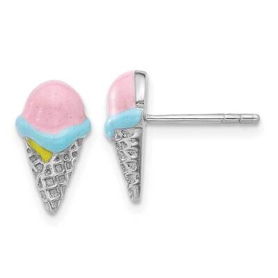 Polished Multi-Color Enamel Ice Cream Cone Children&#39;s Post Earrings Sterling Silver Rhodium-Plated …