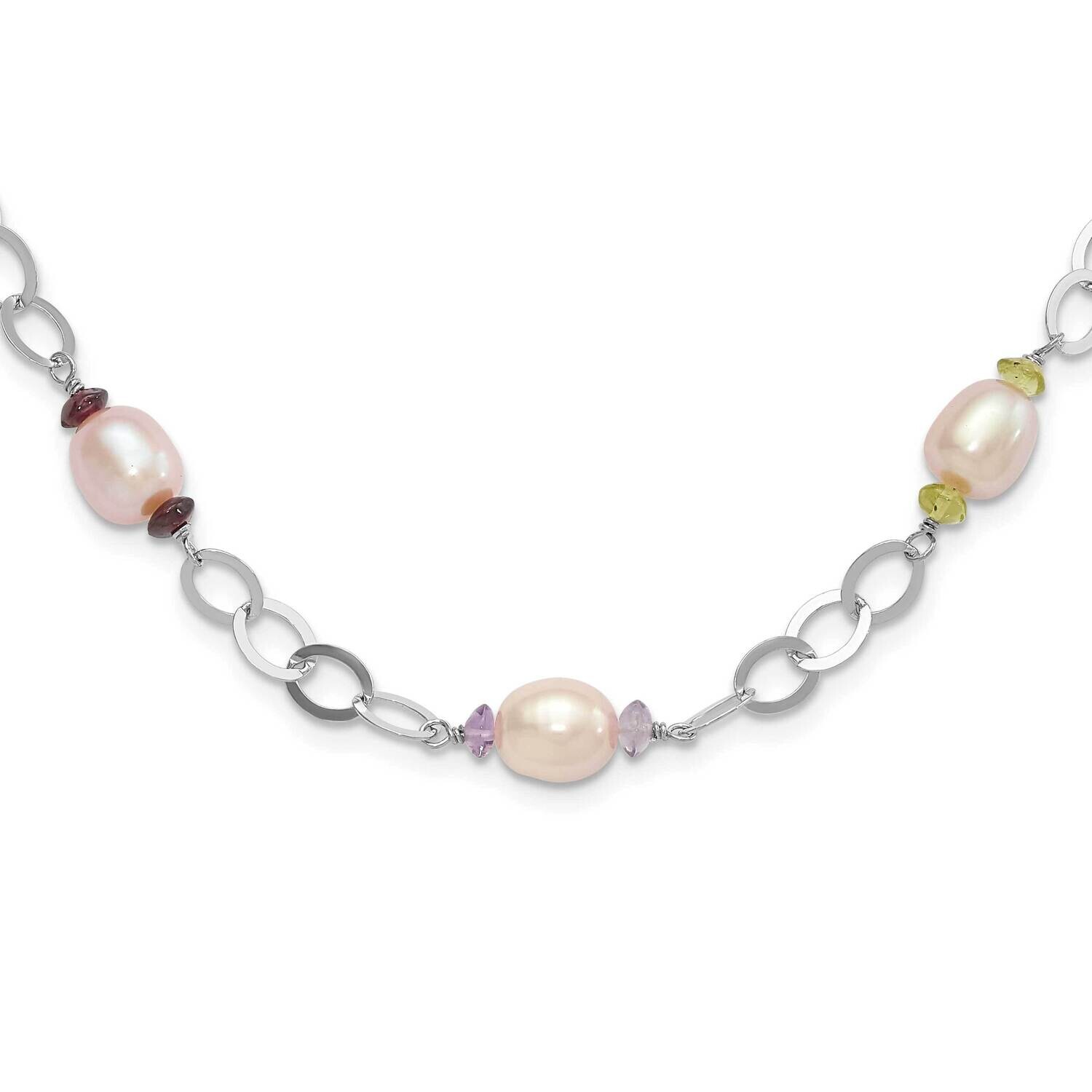 8-9mm Purple Freshwater Cultured Pearl &amp; Multicolor Stone 2 Inch Extender Necklace Sterling Silver QH4762-17