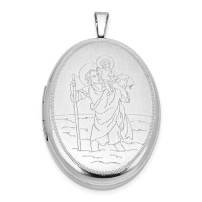 Rh-Plated Satin Polished St. Christopher 26mm Oval Locket Sterling Silver QLS1161, MPN: QLS1161,