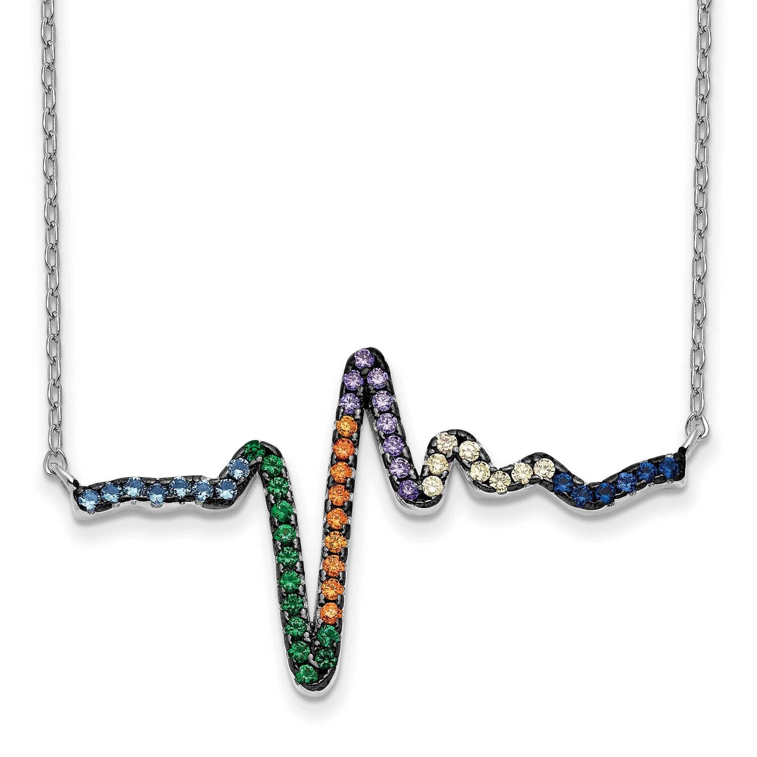 Prizma 18 Inch Clasp Colorful CZ Heartbeat Necklace 1 Inch Extender Sterling Silver Rhodium-Plated QG5705-18