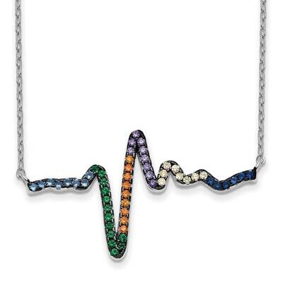 Prizma 18 Inch Clasp Colorful CZ Heartbeat Necklace 1 Inch Extender Sterling Silver Rhodium-Plated …