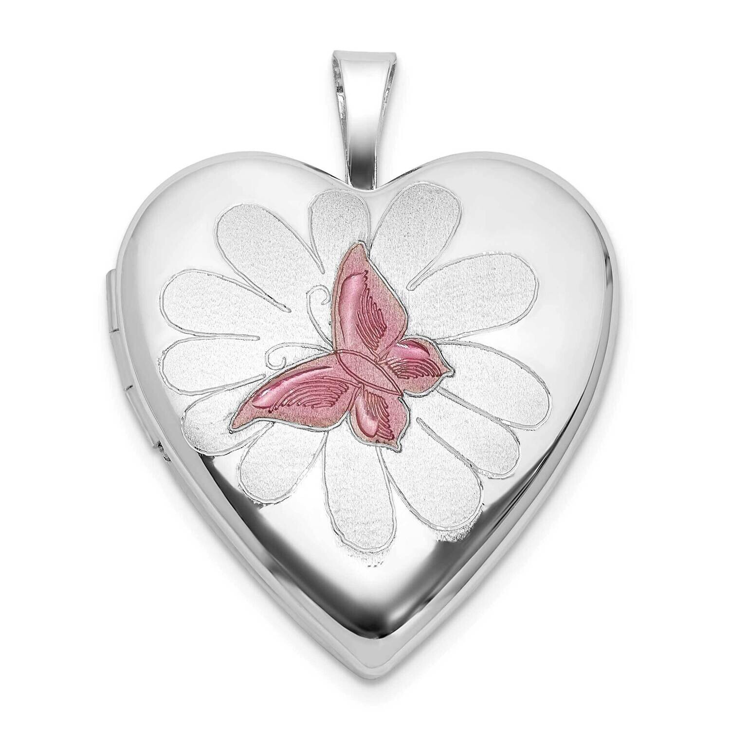Rh-Plate Polished Satin Epoxy 20mm Butterfly Heart Locket Sterling Silver QLS1125, MPN: QLS1125,
