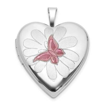 Rh-Plate Polished Satin Epoxy 20mm Butterfly Heart Locket Sterling Silver QLS1125, MPN: QLS1125,