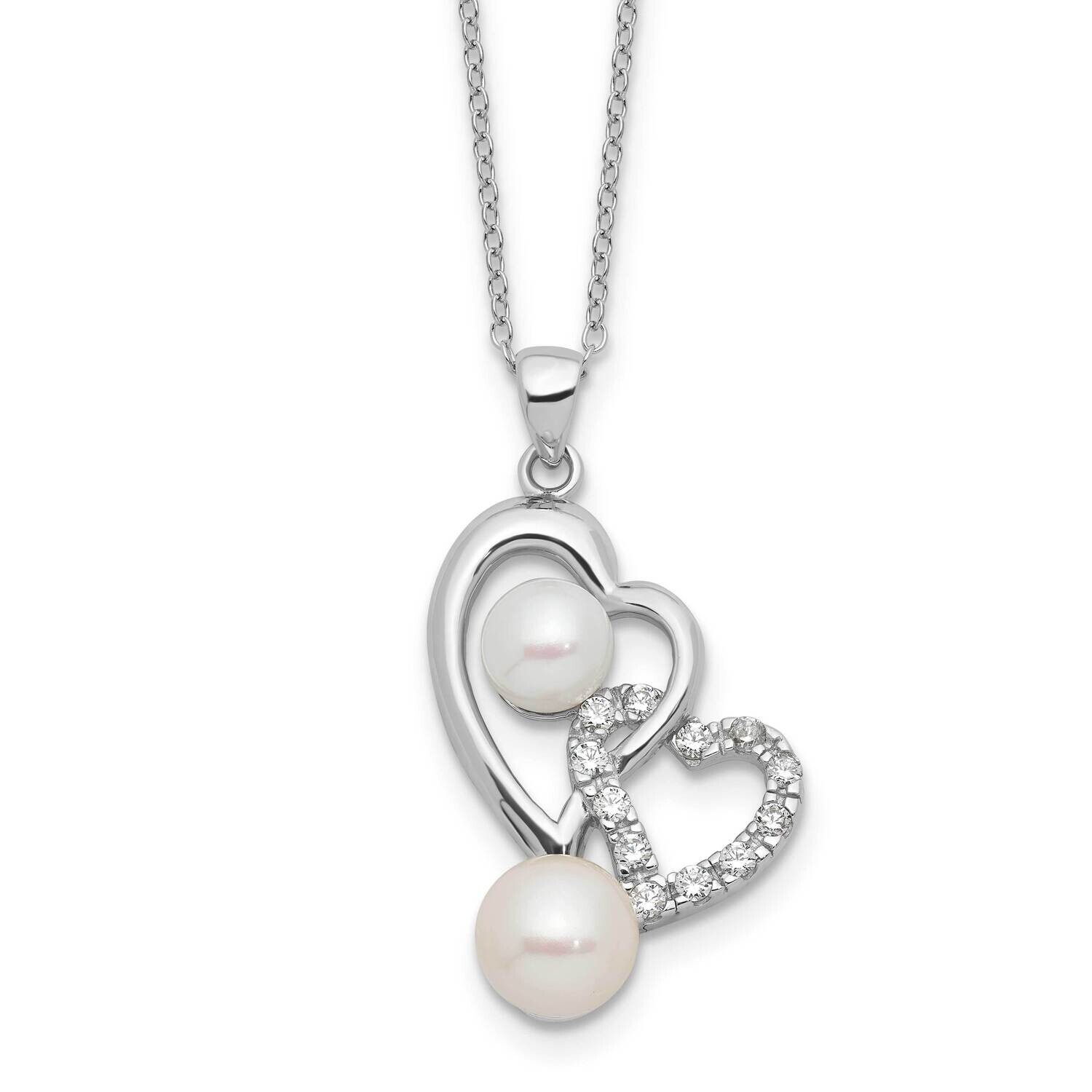 Rh-Plated 6-7.5mm Fwc Pearl CZ Double Heart Necklace Sterling Silver QH5788-17, MPN: QH5788-17,