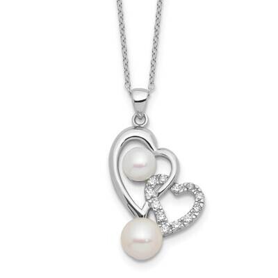 Rh-Plated 6-7.5mm Fwc Pearl CZ Double Heart Necklace Sterling Silver QH5788-17, MPN: QH5788-17,