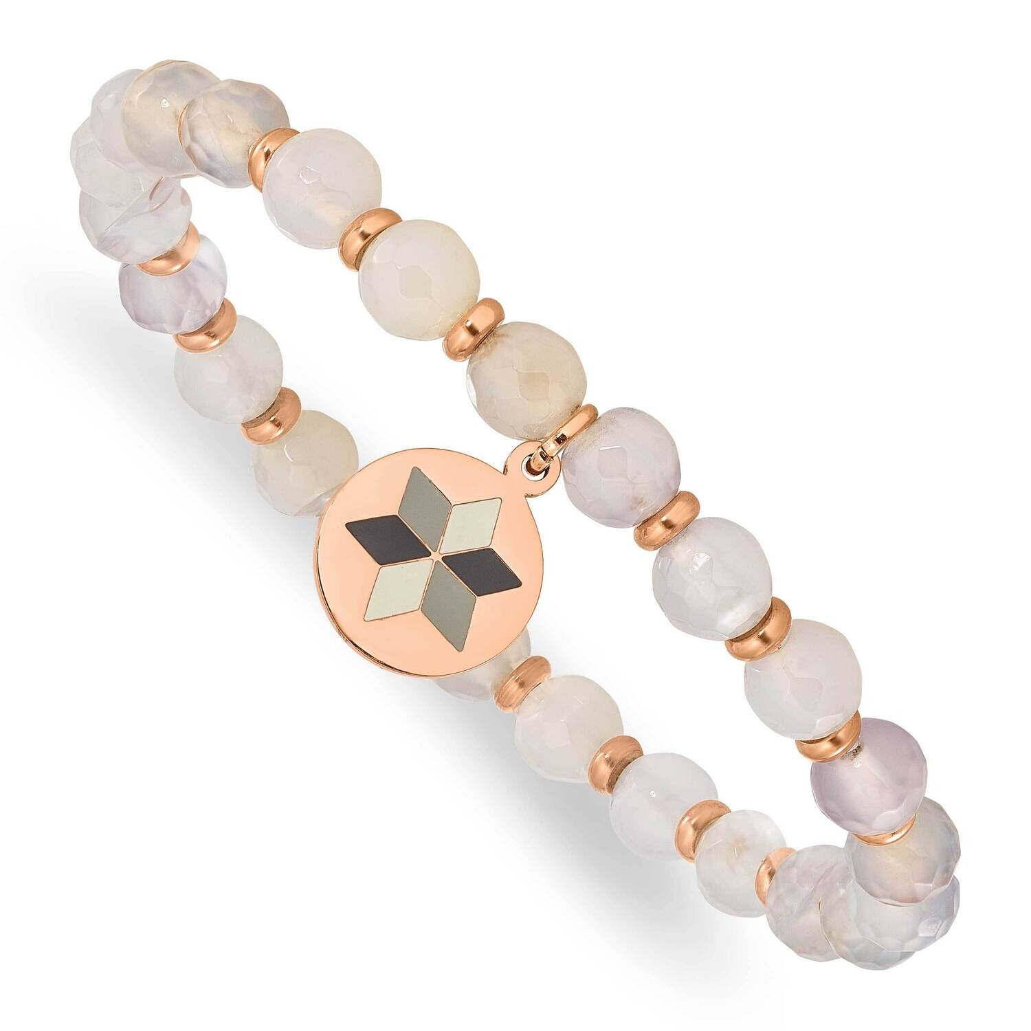 Chisel Polished Rose Ip-Plated Enameled Flower Charm 6mm Jade Beaded Stretch Bracelet 6.5 Inch Stai…