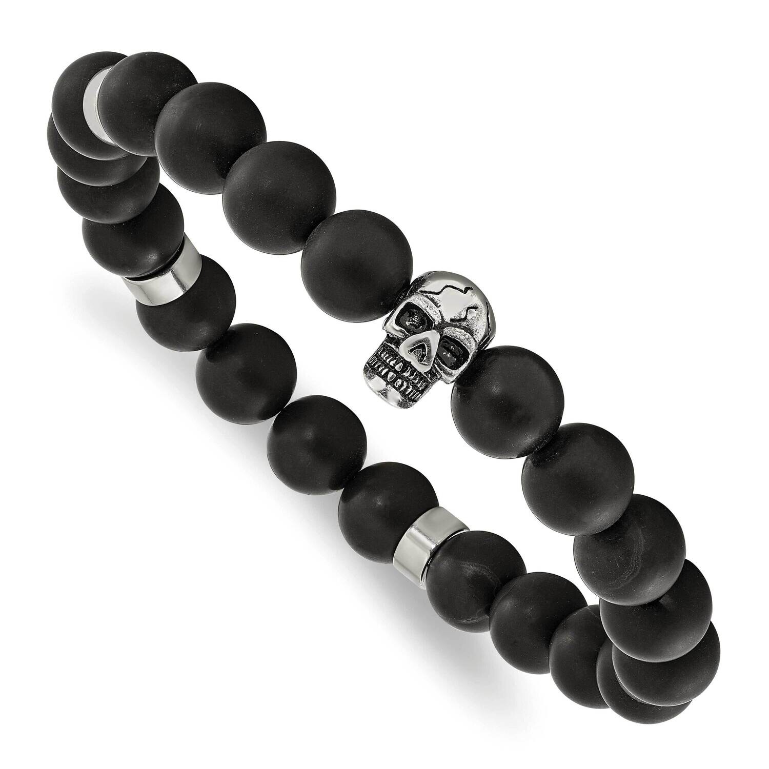 Chisel Antiqued Polished Black Agate Beaded Skulls Stretch Bracelet 7.75 Inch Stainless Steel SRB30…