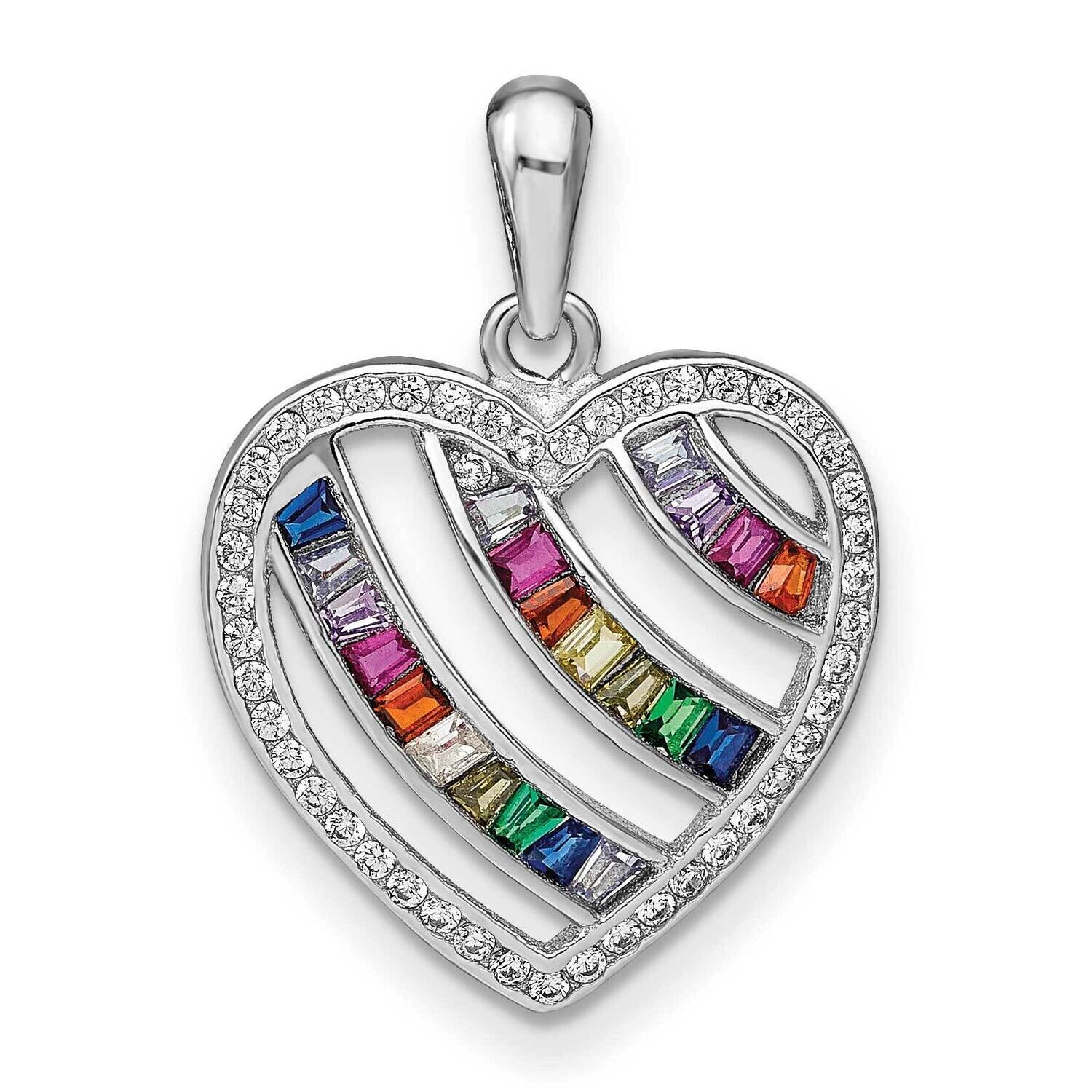 Prizma White Colorful Three Row CZ Open Heart Pendant Sterling Silver Rhodium-Plated QP5260, MPN: Q…