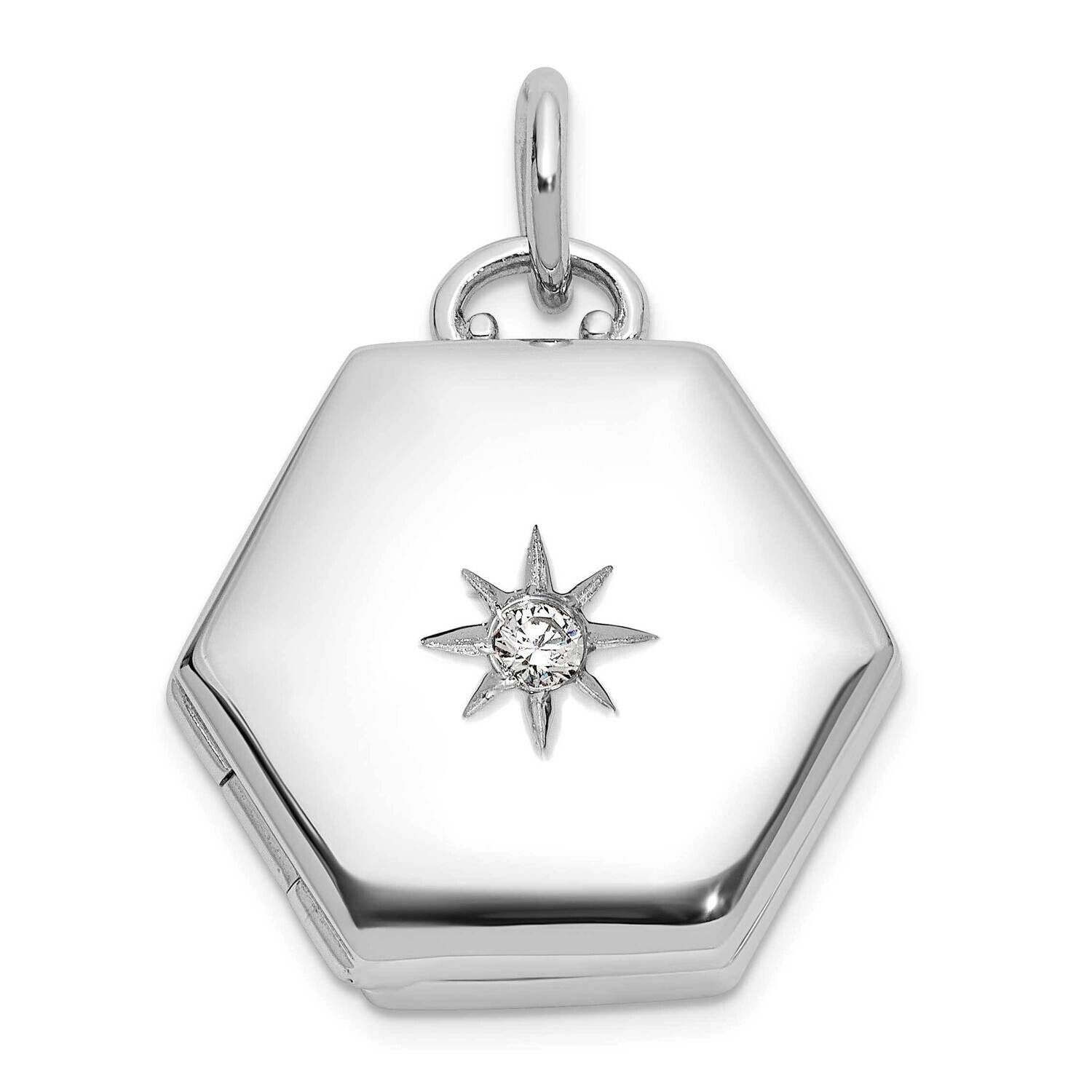 Polished CZ Star 16mm Hexagon Locket Sterling Silver Rhodium-Plated QLS1179, MPN: QLS1179,