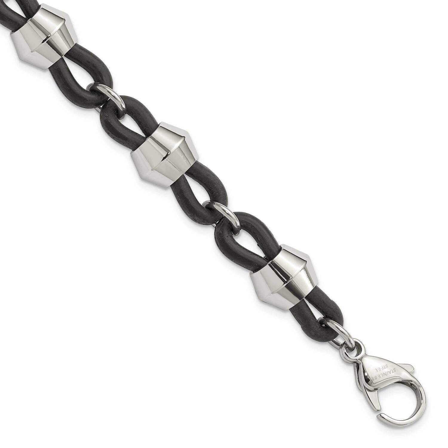 Polished Black Rubber 9 Inch Link Bracelet Stainless Steel SRB181-8.5