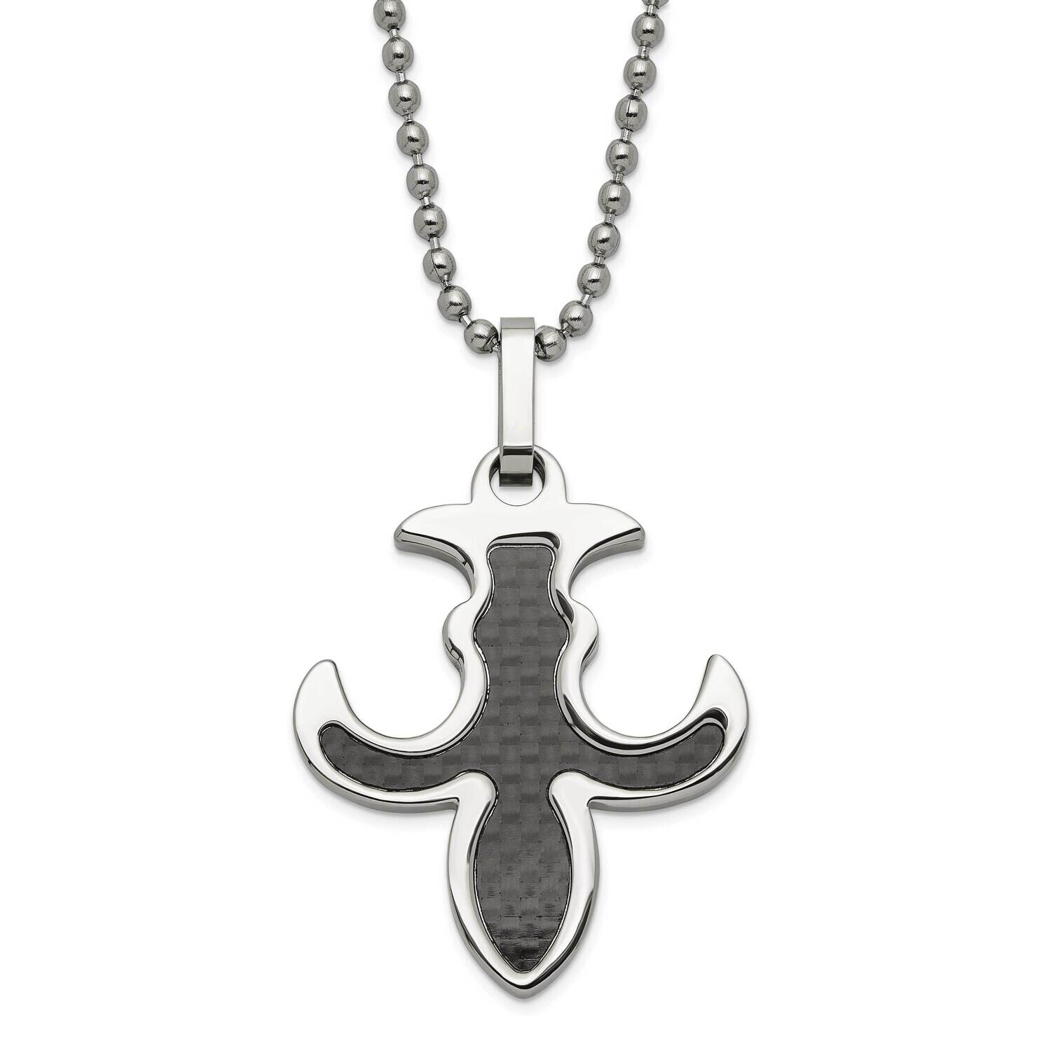 Polished Black Carbon Fiber Inlay Fleur De Lis Necklace Stainless Steel SRN147-22 by Chisel, MPN: S…
