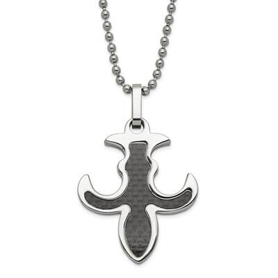 Polished Black Carbon Fiber Inlay Fleur De Lis Necklace Stainless Steel SRN147-22 by Chisel, MPN: S…