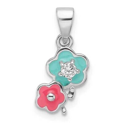 Rh-Plated Blue Pink Enamel &amp; CZ Floral Children&#39;s Pendant Sterling Silver QP5845, MPN: QP5845,