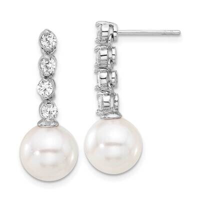 Sterling S Majestik Rh-Pl 10-11mm White Imit Shell Pearl CZ Dangle Earrings QMJE143W, MPN: QMJE143W,