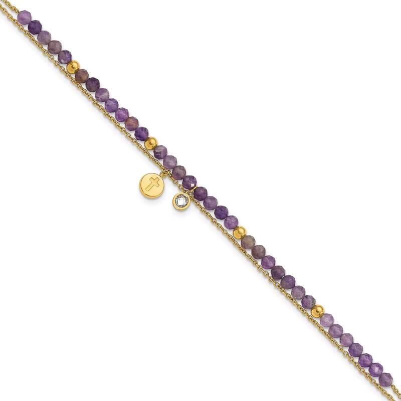 Chisel Polished Yellow Ip-Plated Amethyst Crystal Cross 9 Inch Anklet Plus 2 Inch Extension Stainless Steel SRA123-9