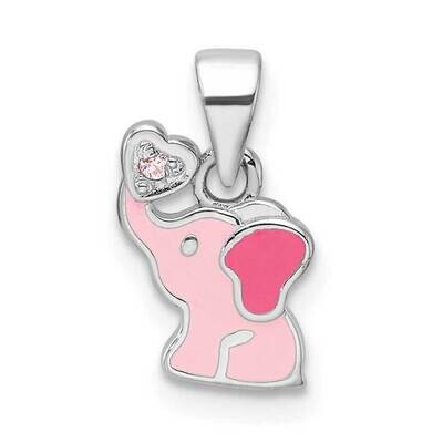 Rh-Plated Pink Enamel &amp; CZ Elephant Children&#39;s Pendant Sterling Silver QP5852, MPN: QP5852,