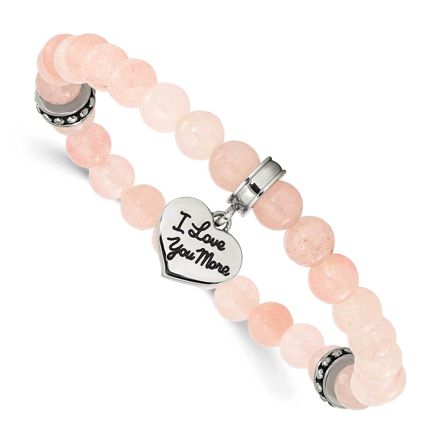 Chisel Antiqued Polished I Love You More Heart Dangle 6.5mm Pink Jade Beaded Stretch Bracelet 6.5 I…