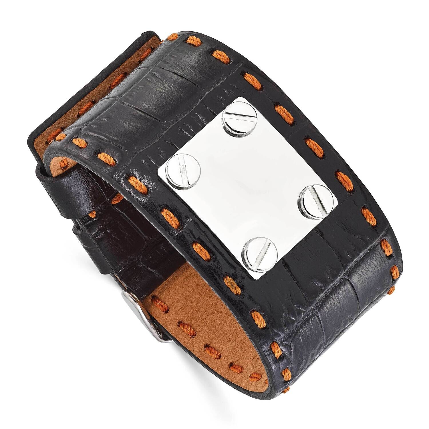Black Leather Orange Stitch Buckle Id Bracelet 9.25 Inch Stainless Steel SRB1428-9.25 by Chisel, MP…