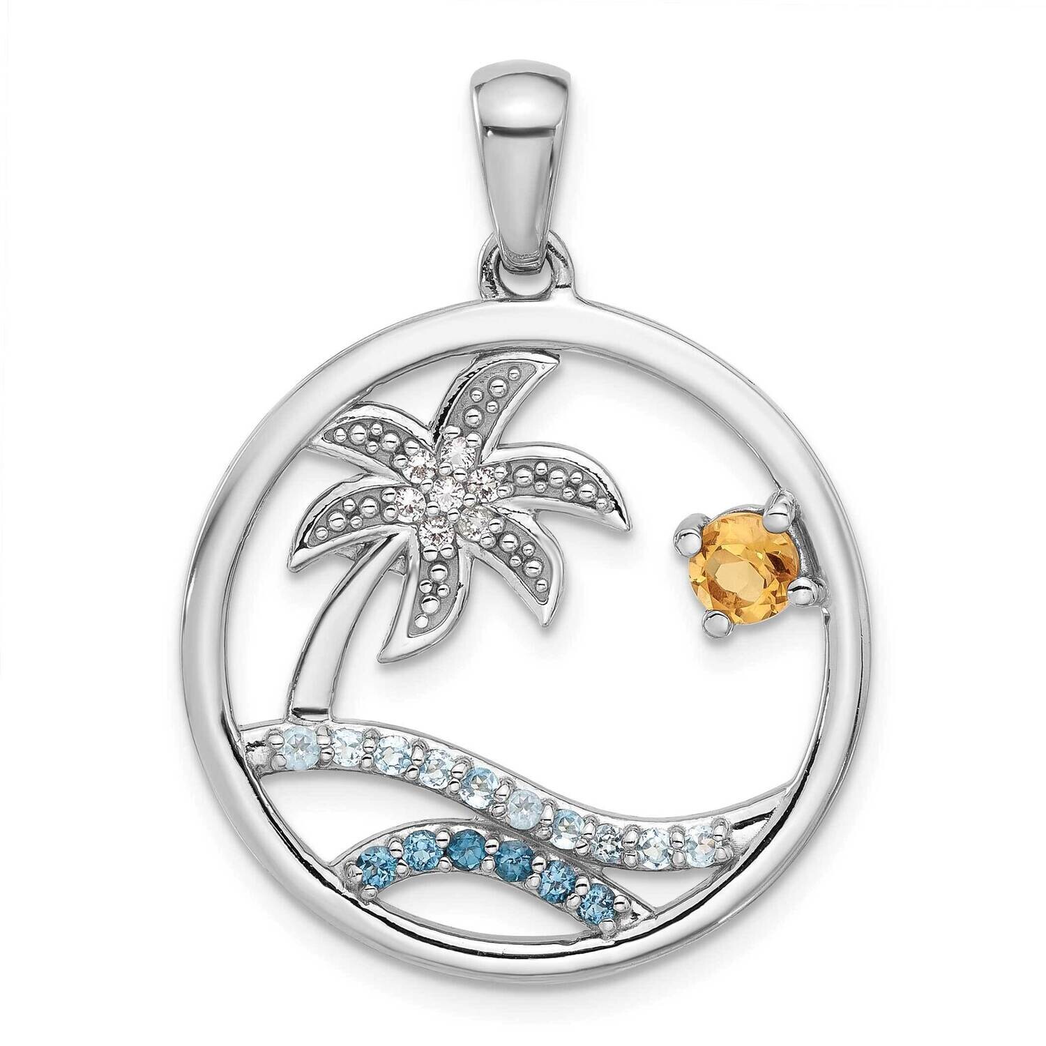 Rainbow Multi-Gemstone Ocean Palm Tree Penda Sterling Silver Rhodium-Plated QP5890, MPN: QP5890,