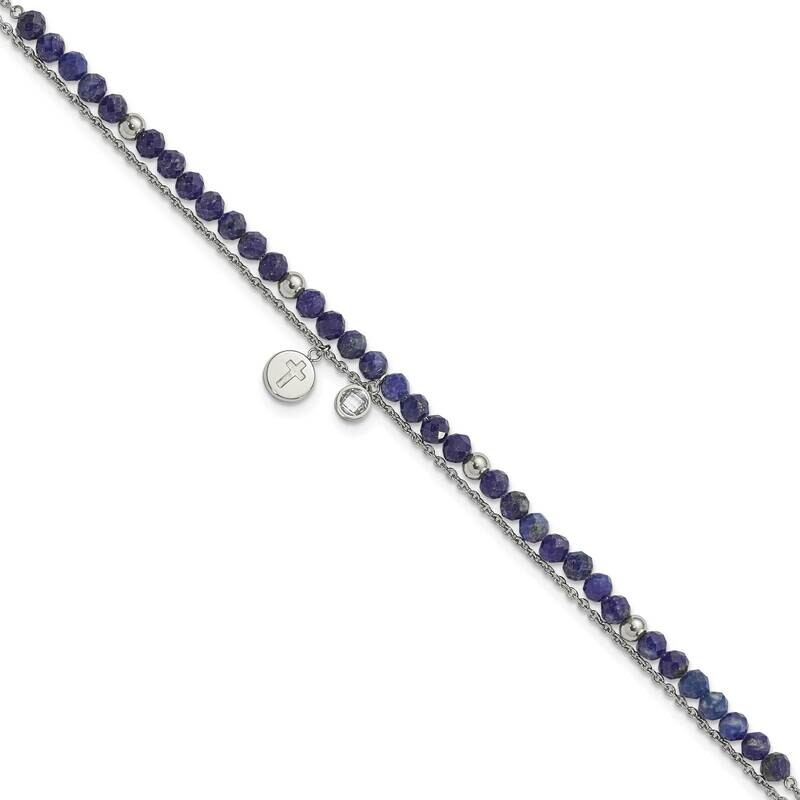 Chisel Polished 2-StrLapis Crystal Cross 9 Inch Anklet Plus 2 Inch Extension Stainless Steel SRA121-9