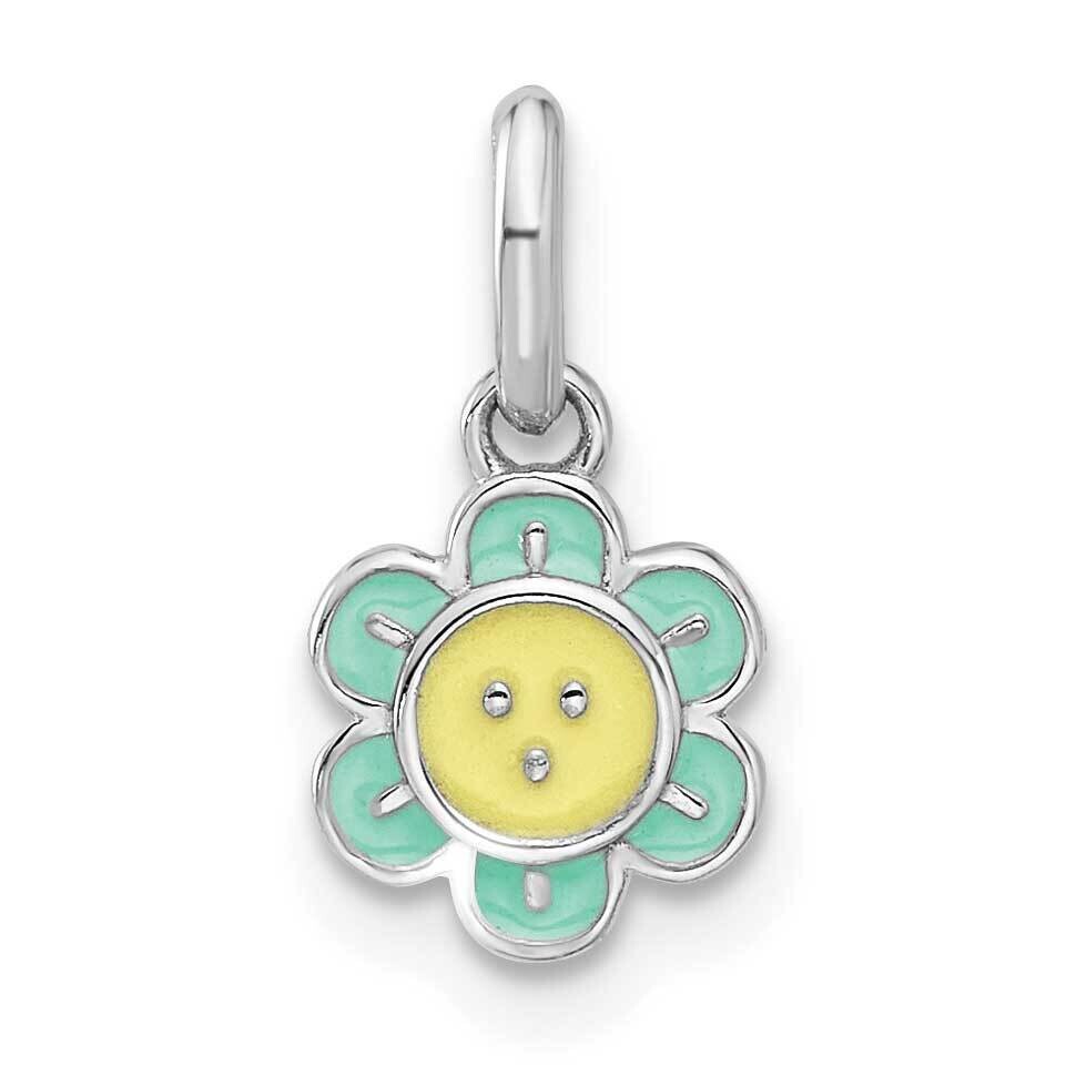 Rh-Plated Blue &amp; Yellow Enamel Flower Children&#39;s Pendant Sterling Silver QP5842, MPN: QP5842,