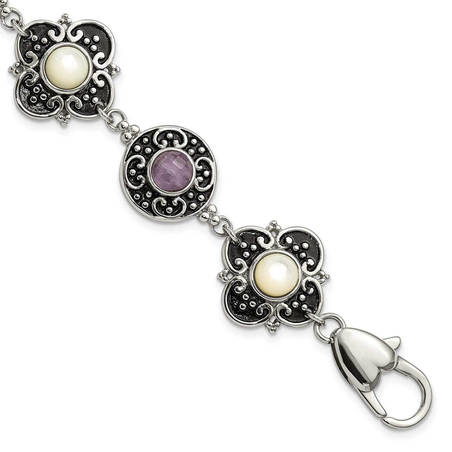 Polished & Antiqued Mother Of Pearl & Purple Glass 1.5 Inch Extension Bracelet Stainless Steel SRB1396-7.5